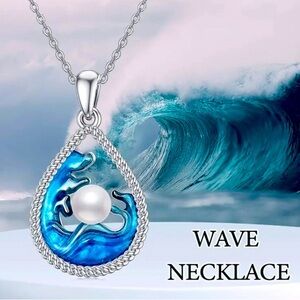 Silver and Blue Wave Necklace with Pearl